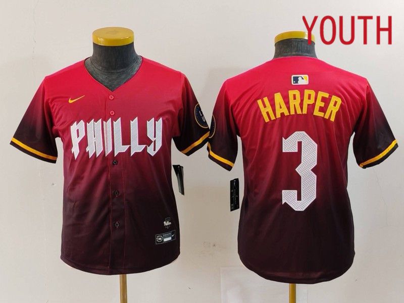 Youth Philadelphia Phillies #3 Harper Red City Edition 2024 Nike MLB Jersey style 1